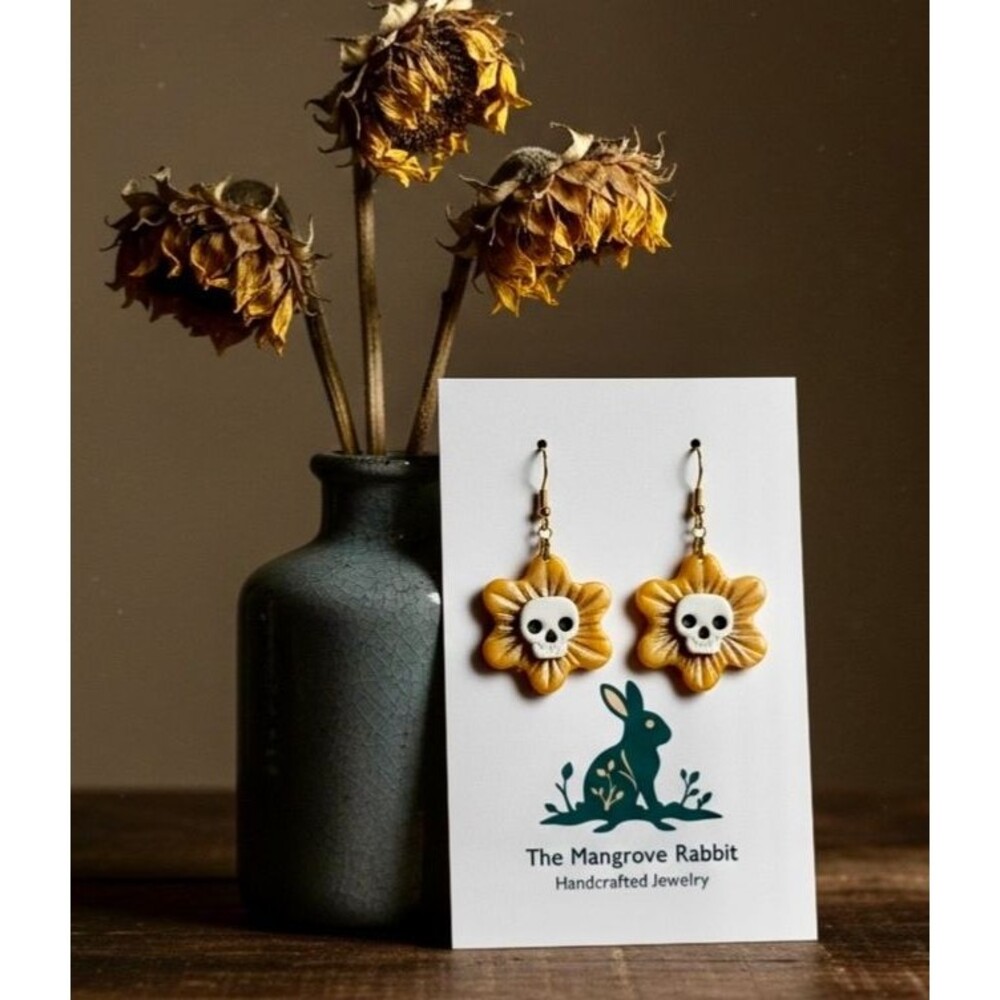 Yellow & Gold Skull Sunflower Handmade Polymer Clay Dangle Halloween Earrings SS